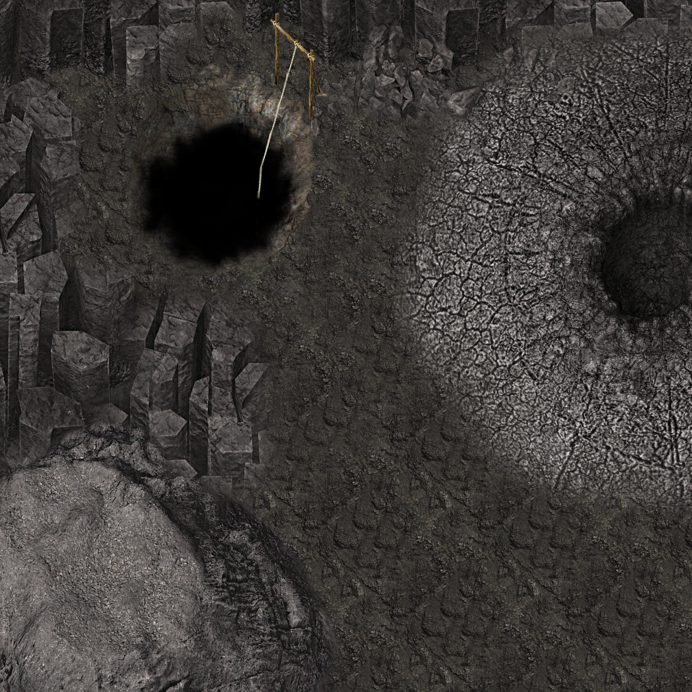 Painterly dungeon mode background showing fissured stone and a black shaft descending