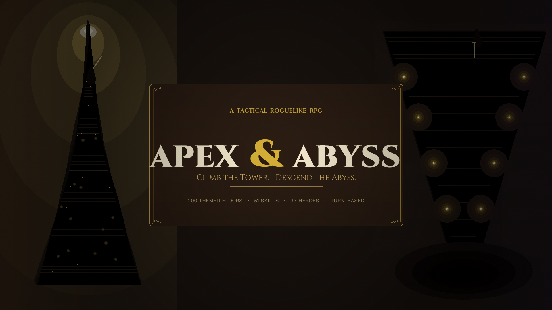 Apex & Abyss key art — a hero between the ascending Tower and the descending Abyss