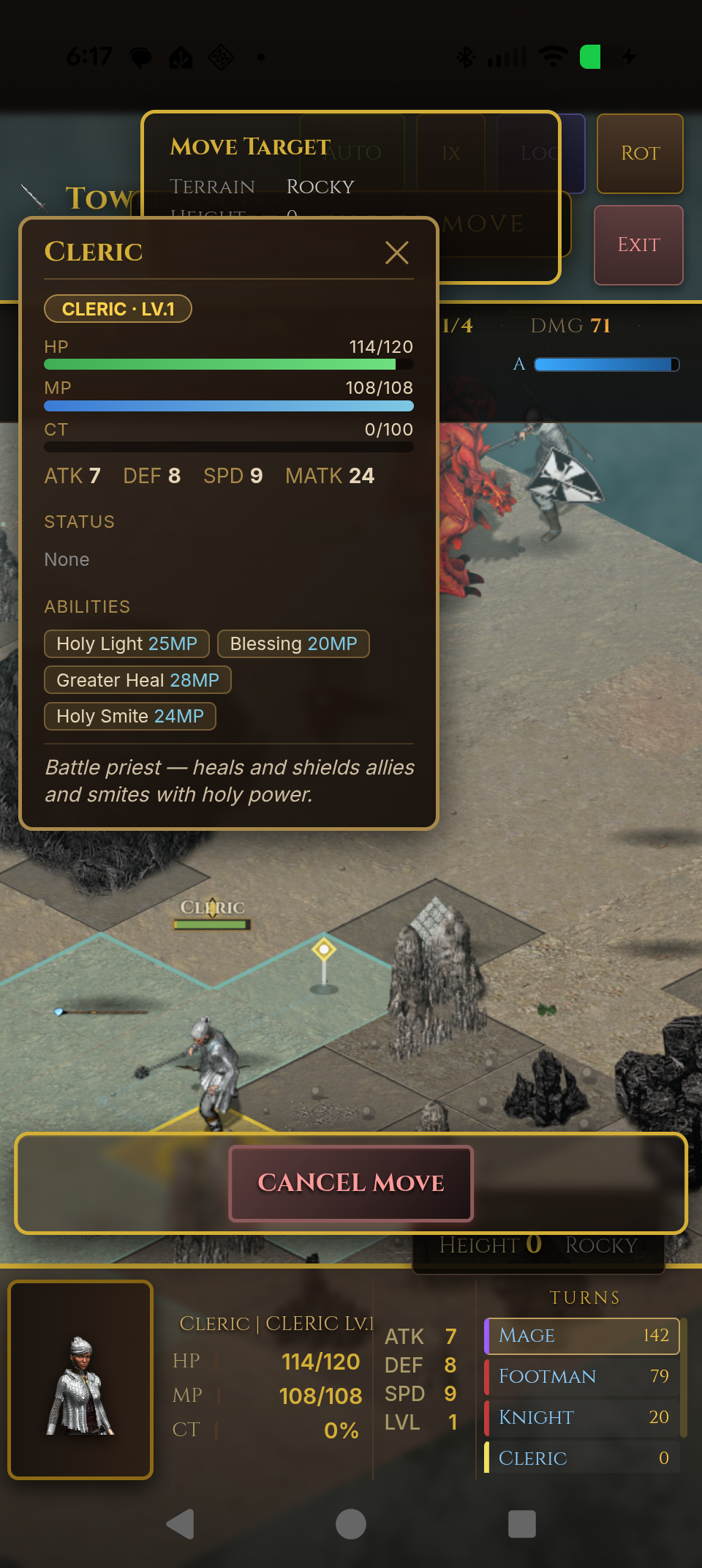 Class detail: Cleric stats, mana, abilities (Holy Light, Blessing, Greater Heal, Holy Smite) and role