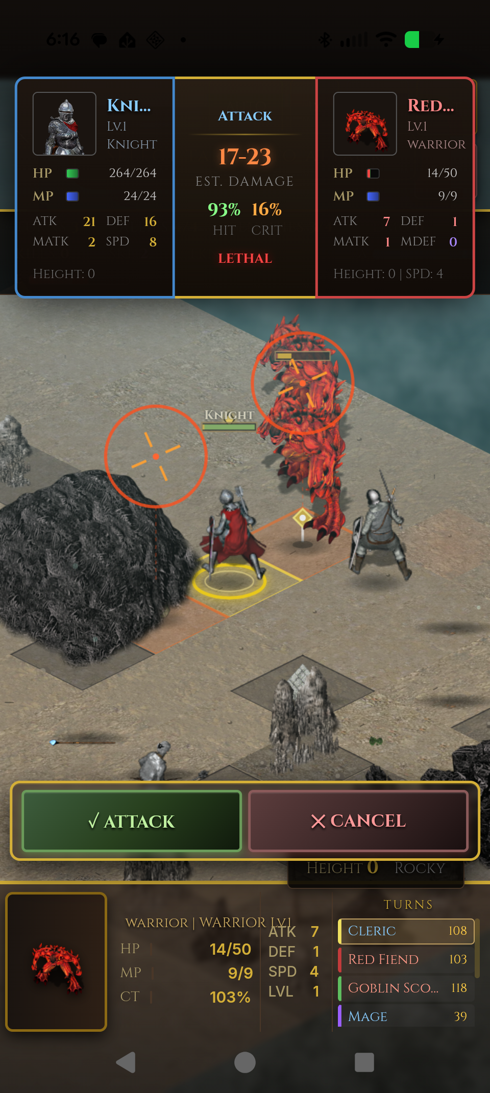 Tactical combat: a Knight targeting a Red Fiend with a lethal attack preview