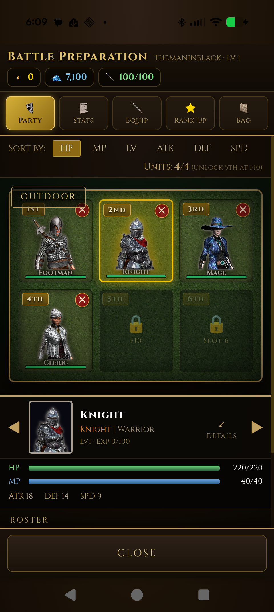Battle preparation: a six-slot party formation with Footman, Knight, Mage and Cleric