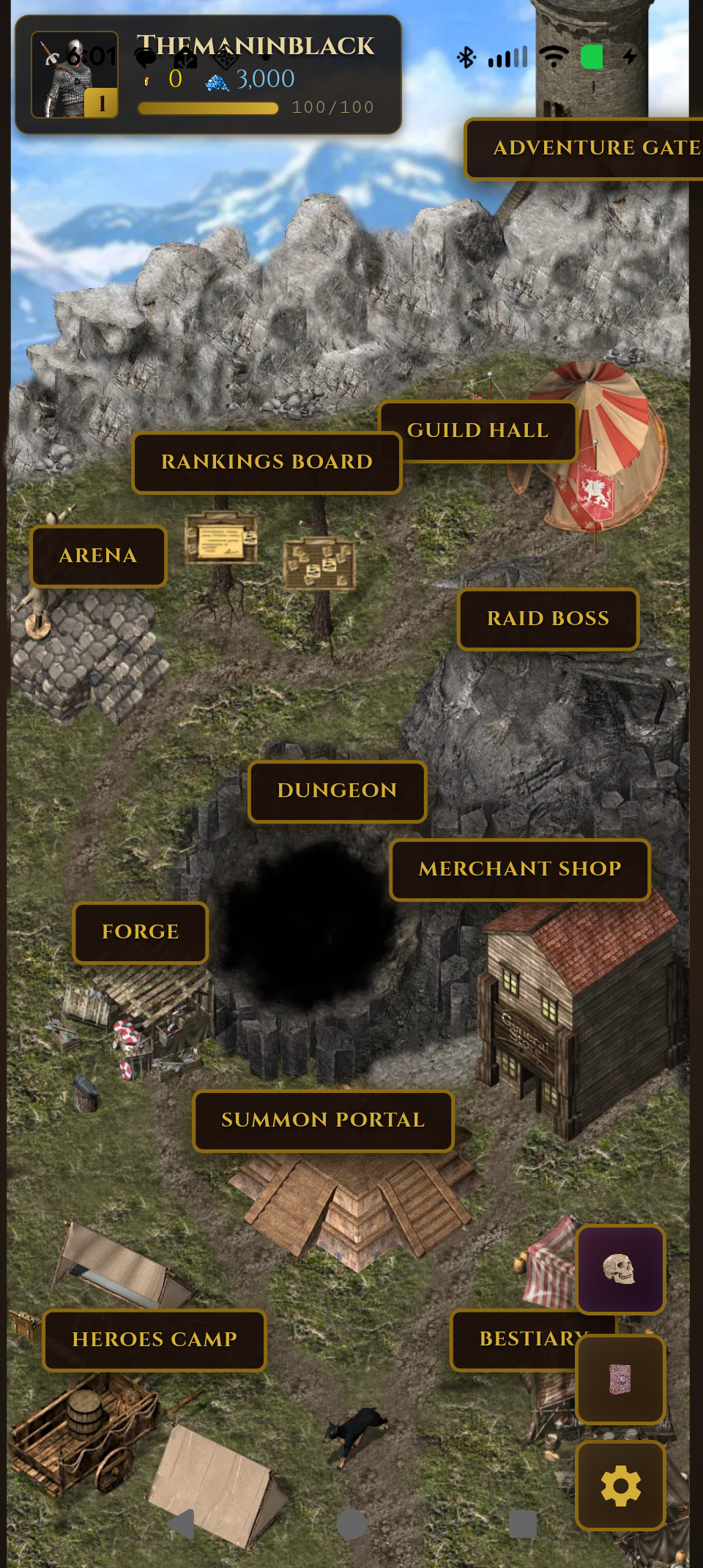 Town hub showing Arena, Raid Boss, Dungeon, Forge, Summon Portal and more