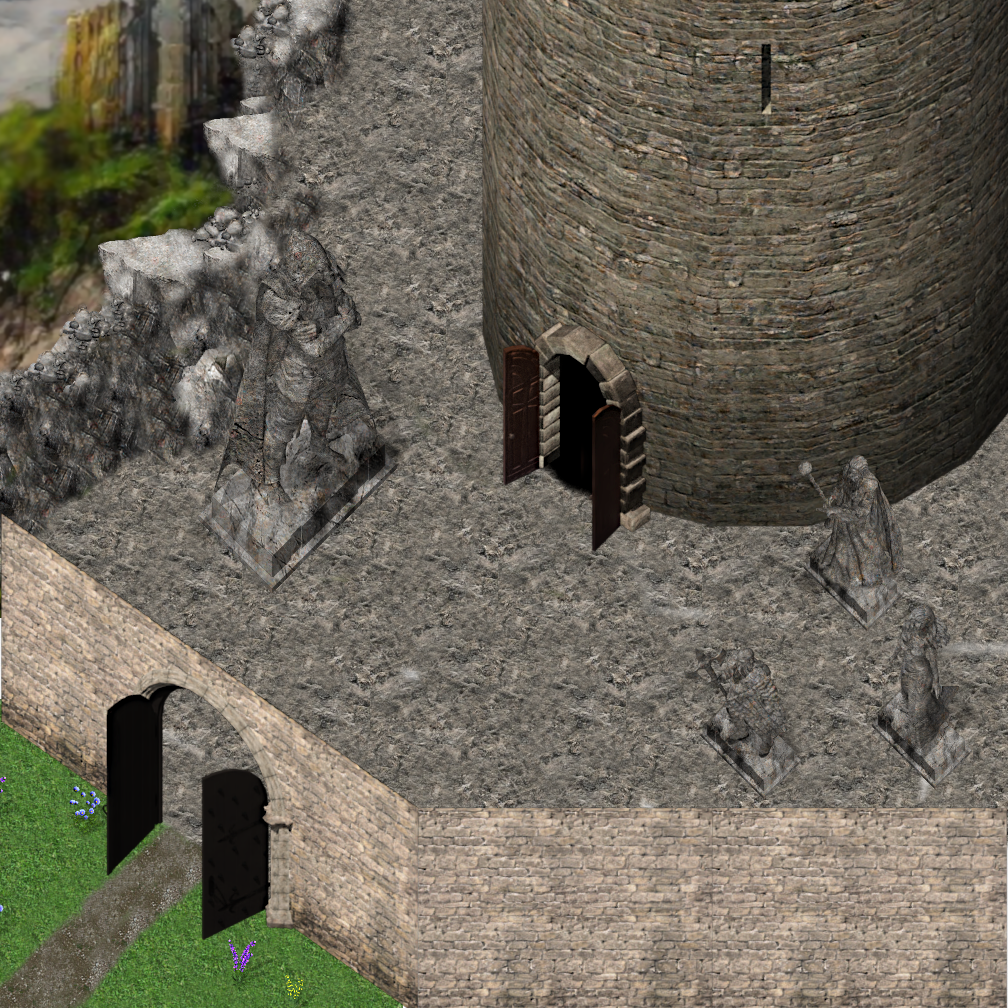 Painterly tower mode background showing a stone keep and lit doorway